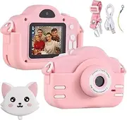 Cartoon Digital Camera 1080P Digital Video Camera for Dual Lens 2.0 Inch IPS Screen 4X Built-in Battery Cute P Frames esting Games with Neck Strap Birthday Pink