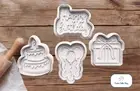 Happy Birthday Cookie Cutter & Embosser Stamps Set Of 4- Cake- Balloons- Present