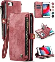Defencase Compatible with iPhone SE 2020 2022 Case Wallet with Card Holder for Women Men, PU Leather Magnetic Snap Flip Zipper Strap Wallet Phone Case Fit for iPhone SE/7/8, Fashion Red