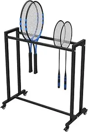 Floor Tennis Racket Storage Cart with Wheels, Badminton Racquet Organizer Holder for Kindergarten School Home Gym, Black Ball Rack for Basketball Football
