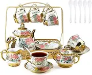 [YTDTKJ] 21 PCS Ceramic Tea Sets for Women Tea Party, Pink Tea Set with Gold Shelf, Flower Porcelain Tea Set with Plates & Spoons, Coffee Cup Set for Dinner Restaurant Hotels