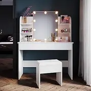 ELEGANT Dressing Table Stool Set with Mirror 10 LED Bulbs,3 Lighting Modes&Adjustable Brightness,Makeup Desk for Bedroom Dressing Room White