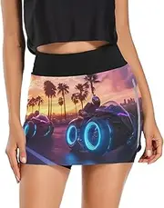 [Joisal] Heart Tree Stars Blue Mini Skort with Zipper Pockets Athletic Skirts for Running Tennis Workout, Futuristic Motorcycles, Large