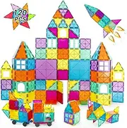 120Pcs Magnet Tiles, Clear Magnetic 3D Building Blocks, STEM Educational Magnet Toy Set, Construction Playboards, Creativity Beyond Imagination, Inspirational, Recreational, Stacking Toys with 2 Cars