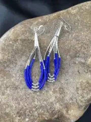 Blue Lapis 3 Strand Heishi Liquid Sterling Silver Dangle Earrings 1961