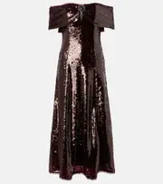 [Self-Portrait] Self-Portrait Sequined off-shoulder midi dress AU 14 brown