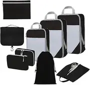 [FEIXIANG] Packing Cube, 9 Set Compression Packing Cubes for Travel, Travel Packing Organisers with Shoe Bag Hanging Toiletry Bag & Laundry Bag, Lightweight Mesh Luggage Suitcase Organizer Bags (Black)