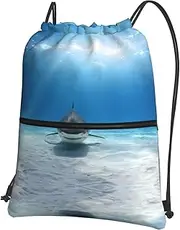 [JEJEA] Tiger Shark Print Drawstring Backpack With Zipper Pocket Cinch Bags Swim Gym Travel Bag For Men Women, Black, One Size