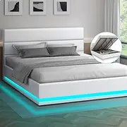 ALFORDSON Gas Lift Storage Bed Frame Base with Headboard & LED Light Bertold Series, Mattress Topper Platform Foundation with PU Leather Upholstery, 350kg Capacity, King, White Colour