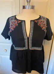 Abercrombie & Fitch Navy Short Sleeve Multi Embroidered Peplum Peasant Top S NWT