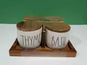 Rae Dunn Spice Herb Jars With Wooden Lids & Tray Ceramic Brand New Fast Shipping