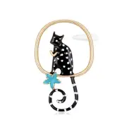 Brooch Enamel Cat Polka Dot Black & White Kitty Gold-tone Pin
