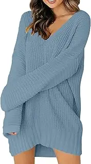 [Generic] Winter Short Dress Womens Ladies Loose V Neck Mid Length Dress Knit Sweater Pullover Wolf of Wall Street Dress