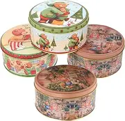 DOITOOL 4 Pcs Christmas Cookie Tins with Lids,Cookie Containers Holiday Candy Tins,Round Empty Tinplate Tins,Christmas Container for Cookies,Candies,Tea,Xmas Party