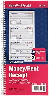 Adams Money and Rent Receipt Book, 2-Part Carbonless, 5 1/4 x 11 Inch Detached, Spiral Bound, 200 Sets per Book (SC1152)