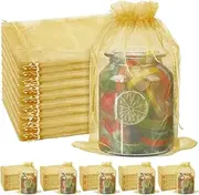 Windyun 100pcs Large Organza Bags 12 x 8 Inch Sheer Mesh Drawstring Gift Packaging Pouch Bags for Wedding Christmas Game Party Supplies (Gold)