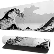Black and White Sea Waves Gaming Mouse Pad Long Computer Keyboard Mousepad 31.5X11.8 Inch with Stitched Edges XL Desk Extended Big Mat Non-Slip Rubber Base for Office Home