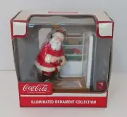 COCA COLA Illuminated Ornament Santa Opening Coke In Front Of Open Fridge VTG