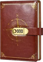 Shesyuki Literary Vintage Leather Notebook with Lock, Embossed Pattern Compass Diary for Writing, A5 Notebook with Lined Paper for Women & Men