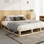 Oikiture King Size Bed Frame Wooden with Solid Wood Frame Platform and Pine Wood Bed Base
