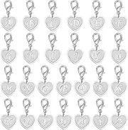 [WEBEEDY] 24 Styles Heart Letters Clip on Charm Silver A-Z Alphabet Heart Pendant Charm with Lobster Clasps for DIY Jewelry Making Necklace Bag Wallet Zipper Decoration Valentine's Day Gift, 15x15mm,