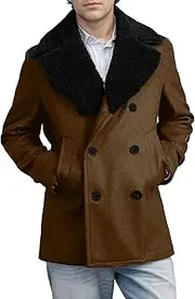 [Zylphorix] Men's Faux Fur Collar Slim Overcoat Mid Length Side Pocket Wool Blend Coat Winter Double Breasted Warm Outerwear
