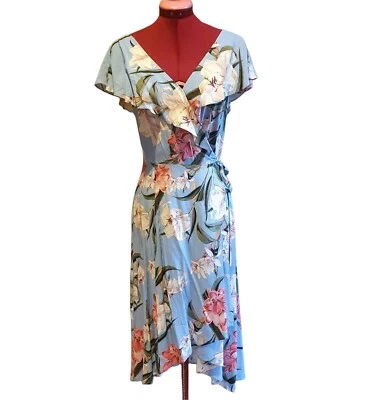 Portmans Floral Wrap Dress with Ruffle Trim & Tie Side Womens Size AU 8