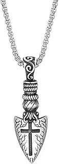 [TYMONT] Cross Shield Pendant Necklace, Stainless Steel Cross Arrow Necklace for Men, Religious Punk Hip Hop Amulet Jewelry