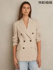 Reiss Neutral Check Bella Petite Double Breasted Check Blazer With Wool (F51286) | $610