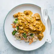 Butter Chicken with Saffron Rice, Blanched Beans & Blanched Carrots