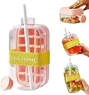 500/800ML Cool Summer Ice Bottle Cup with Straw, 2 in 1 Touch-Free Ice Cube Tray Water Bottle with Lid and Bin, Zero Touch Press Ice Cube Mold (Pink,800ml)