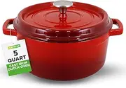 NutriChef Enameled Cast Iron Dutch Oven-5-Quart Kitchen Round Dutch Oven Stovetop Casserole Cookware, Porcelain Enamel Coated Cast-Iron Baking Pots w/Self Basting Lid-NCCIEC45(Red),Medium
