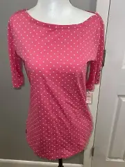 NWT Talbots Pink With White Polka Dots Short Sleeve Blouse Boatneck Size XS