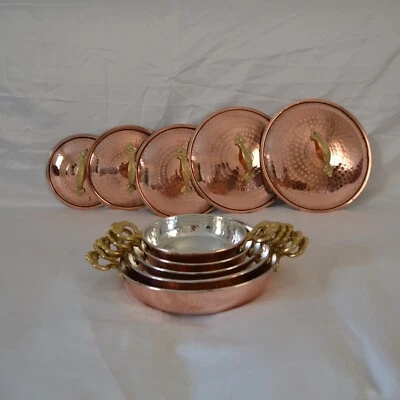Hammered Copper Pans with Lid and Brass Handle Set of 5 Food-Safe Tin Lined