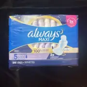 Always Maxi Overnight Pads with Wings, Size 5, Extra Heavy Unscented 24 COUNT