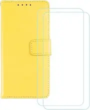 FZZSZS Case for Oppo A60 5G (6.67") + 2 Pack Screen Protector Film Tempered Glass, Magnetic PU Wallet Flip Protective Cover with Card Slots Case, Yellow Leather Case YS5