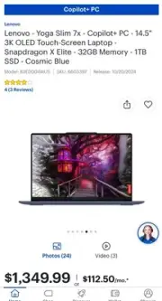 Lenovo Yoga Slim 7x Copilot + PC 14.5” 3K OLED Touch-Screen Laptop 32GB 1TB SSD