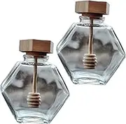 VINTORKY 2Pcs Hexagonal Honey Jar with Wooden Lid and Stirring Rod Sealed Glass Honey Pot for Honey Storage and Dispensing