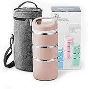Lille Home Stackable Stainless Steel Thermal Compartment Lunch/Snack Box, 3-Tier Insulated Bento/Food Container with Lunch Bag and 3 Extra Seals, 43OZ