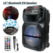 Portable 15” Bluetooth Speaker Subwoofer Heavy Bass Party DJ System Mic AUX FM