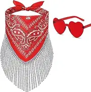 [Ricawa] Fringe Rhinestone Bandana Disco Cowgirl Bachelorette Bandanas for Women Men, with Heart Sunglasses & Sparkly Earrings