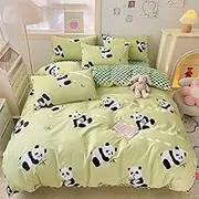 BlueBlue Panda Kids Duvet Cover Set Queen 100% Cotton Bedding for Boys Girls Teens Cartoon Chinese Panda Bamboo Pattern on Green 1 Cute Animal Full Comforter Cover 2 Pillow Shams, Queen