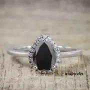 2.48CT Pear Shape Real Black Onyx 14K White Gold Over Halo Wedding Jewelry Ring
