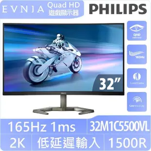 【Philips 飛利浦】32M1C5500VL 32型 VA 2K 165Hz 曲面電競螢幕(1500R/Adaptive-Sync/1ms)