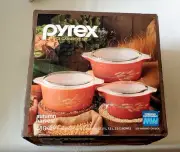 NEW IN BOX PYREX AUTUMN HARVEST CASSEROLE SET - 3 ROUND CASSEROLE DISHES WITH...