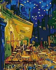 YEESAM ART Paint by Numbers for Adults Famous Paintings, Cafe Terrace at Night by Van Gogh 16x20 inch Linen Canvas Acrylic DIY Number Painting Kits (Without Frame)