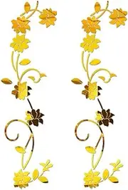 2Pcs Mirror Wall Stickers,Acrylic Sticker,Wall Sticky,Trendy Flowers Mold,Wall Decoration, for Flower Vine Wall Decal Home Living Room Bedroom Decor, Flower Vine Wall Decal,Gold