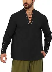 mogenda Men’s Retro Lace up Long Sleeve Linen Shirts Renaissance Henley Shirt, Medieval Viking Costume Pirate Tops