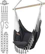 KOMOREBI Hammock Chair | Hanging Rope Swing for Indoor & Outdoor | Soft & Durable Cotton Canvas | 2 Cushions Included | Large Macrame Hanging Chair with Pocket for Bedroom, Patio, Porch (Grey)