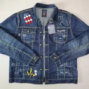 Born Fly Jacket Men XXL Blue Denim Embellished Patch Keep Rising Hip Hop Y2K